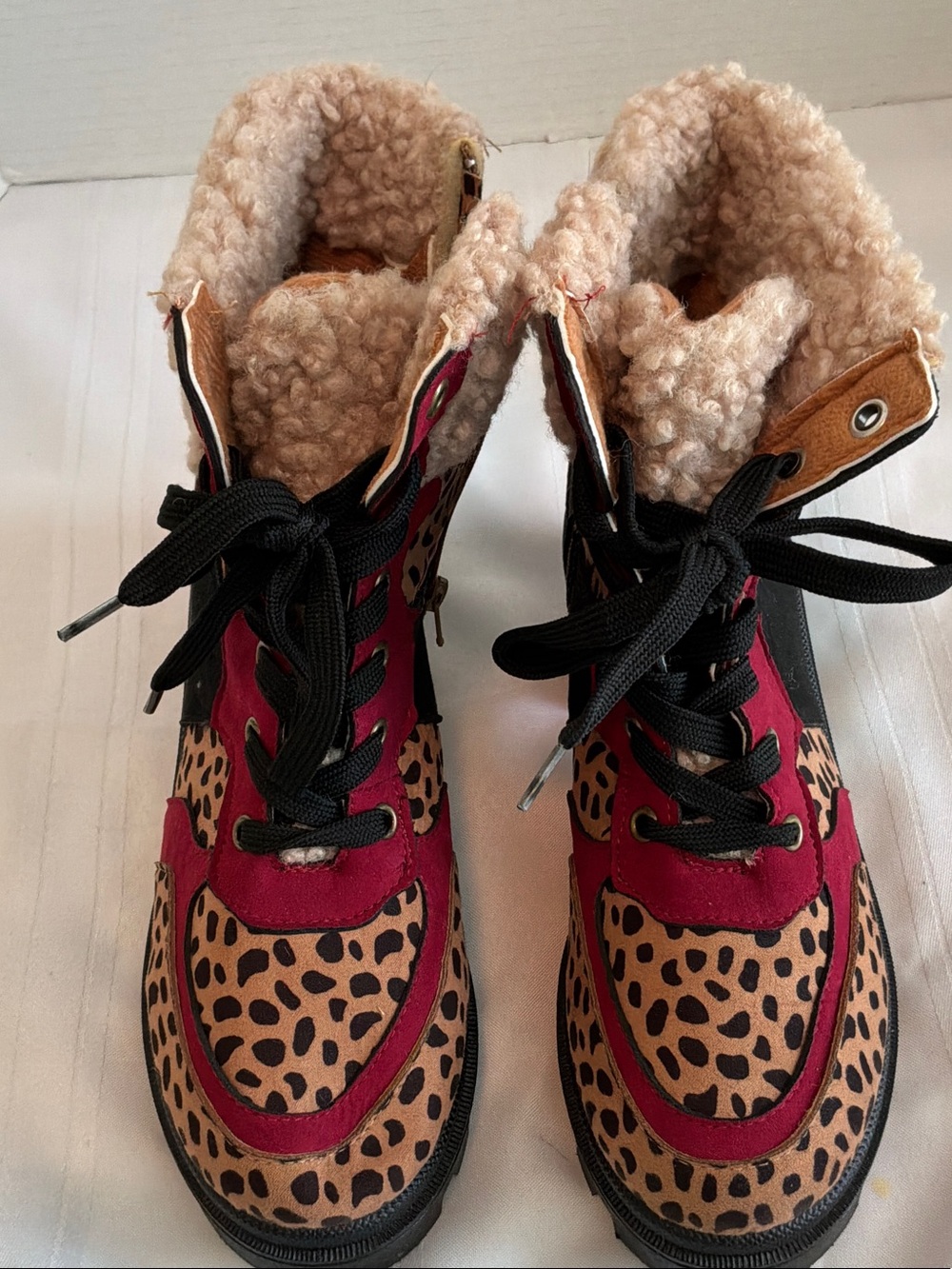 Rouge! Burgundy and Leopard Print Lace-Up Shearling Boots - Picture 1 of 5